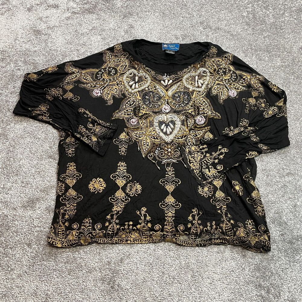 Bali Collection Blouse Shirt Womens One Size Black Gold Beaded Shiny Hearts Soft